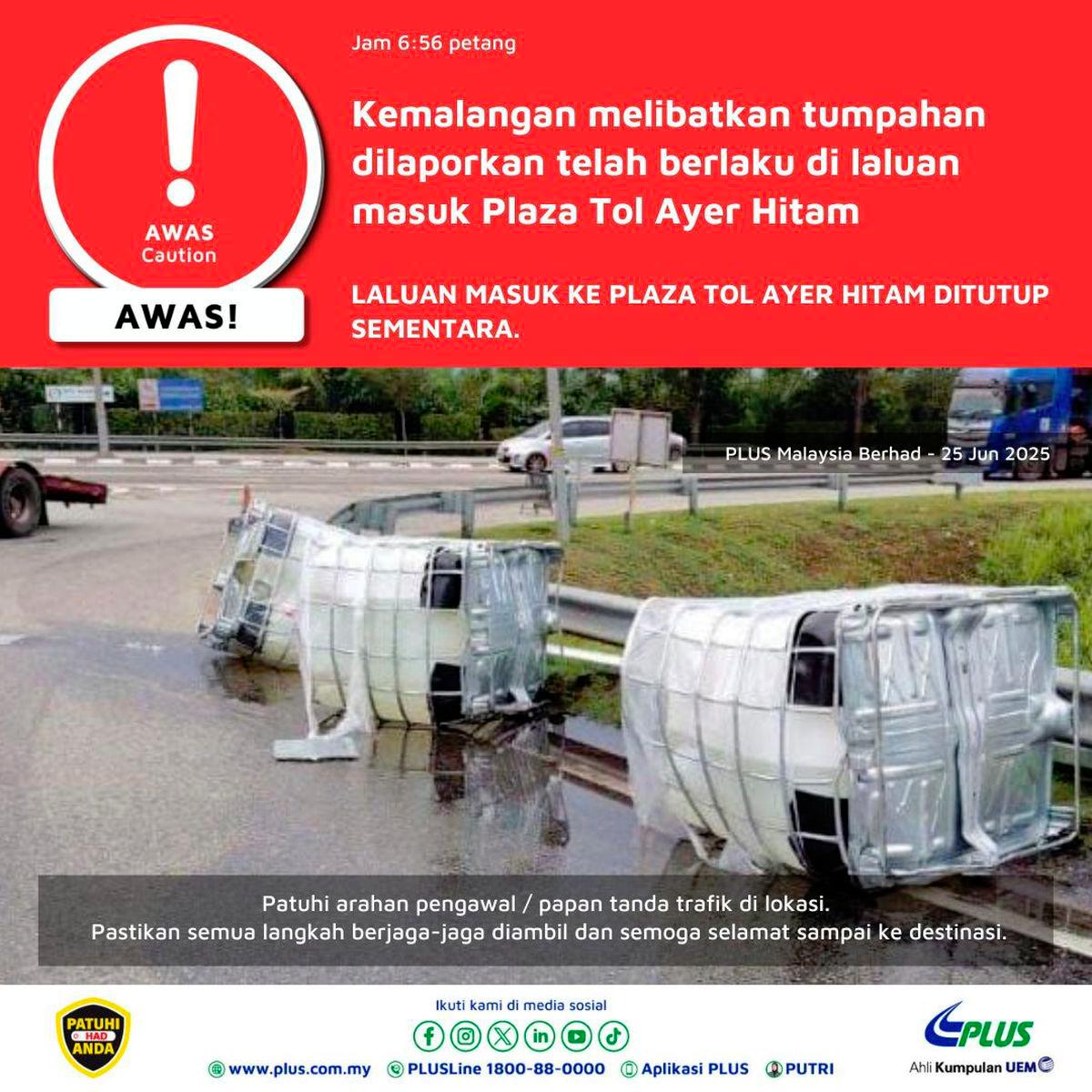 Ayer Hitam toll lane closed after chemical spill, motorists urged to divert