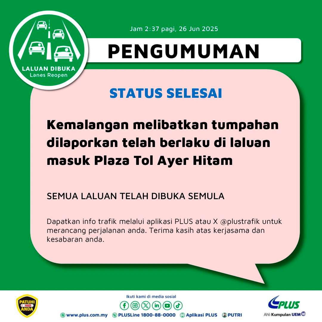 Ayer Hitam toll plaza fully reopened after chemical spill Ayer Hitam toll plaza fully reopened after chemical spill