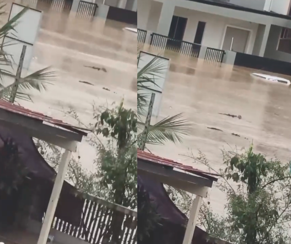 Crocodile roams flooded Sarawak area, netizens compare to “Crawl” movie