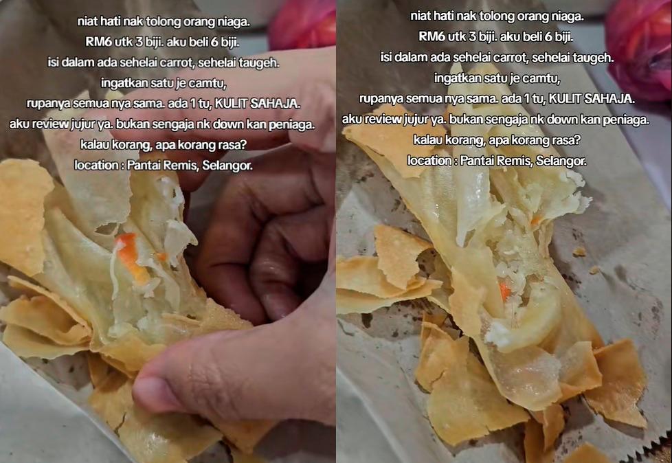 Customer shares frustration after paying RM12 for popiah with barely any filling in Pantai Remis