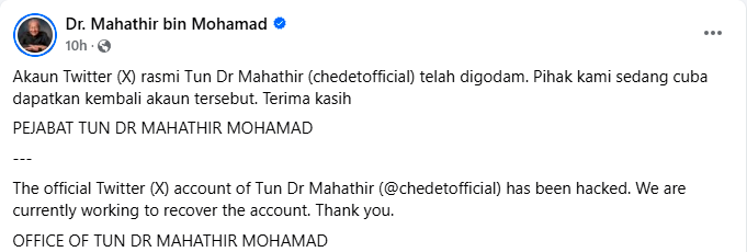Dr Mahathir's X account hacked, promoting cryptocurrency 