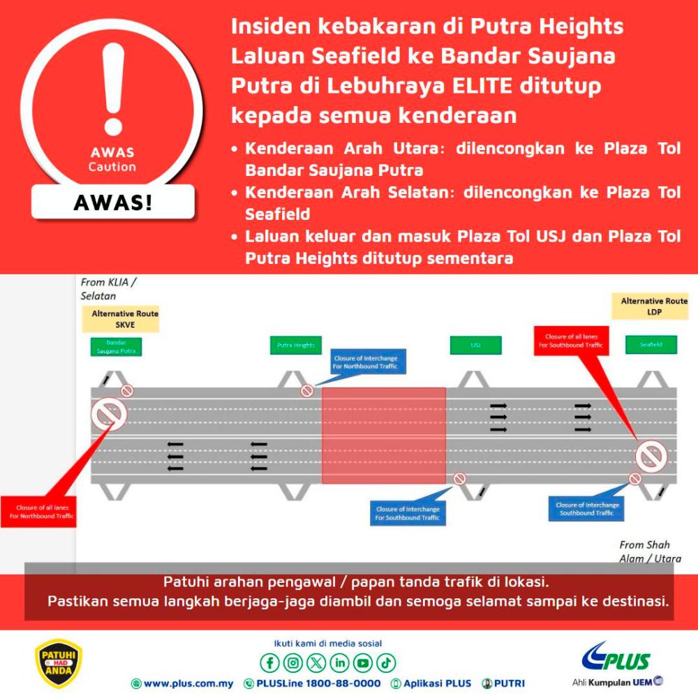 ELITE highway section at Putra Heights- Seafield-Saujana Putra closed to all motorists: PLUS ELITE highway section at Putra Heights- Seafield-Saujana Putra closed to all motorists: PLUS
