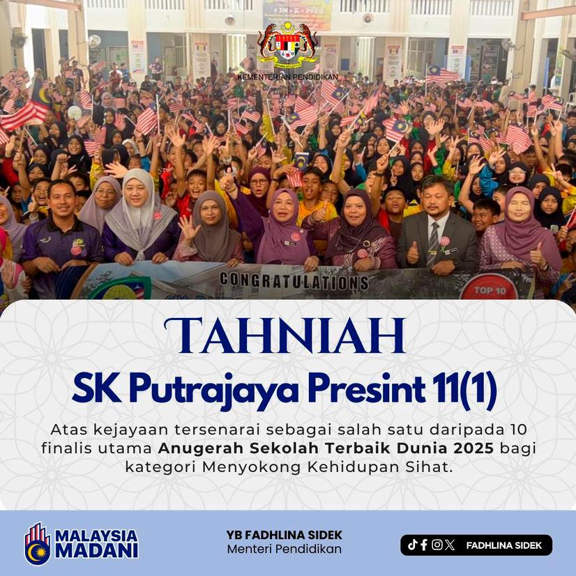 Fadhlina congratulates SK Putrajaya Presint 11 (1) on top 10 finish in World’s Best School Prizes