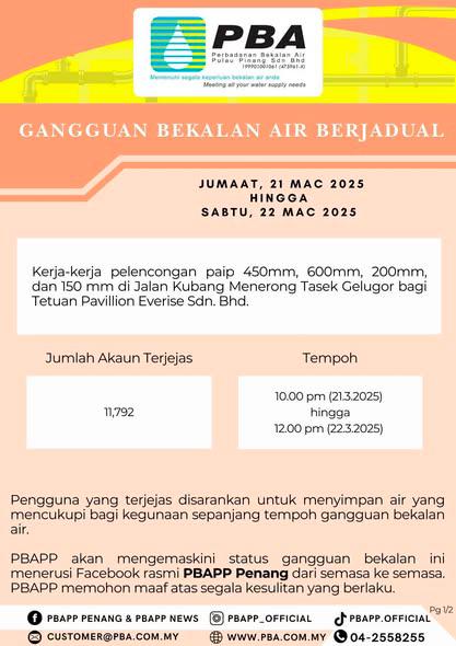 Gangguan bekalan air 14 jam di Jalan Kubang Menerong