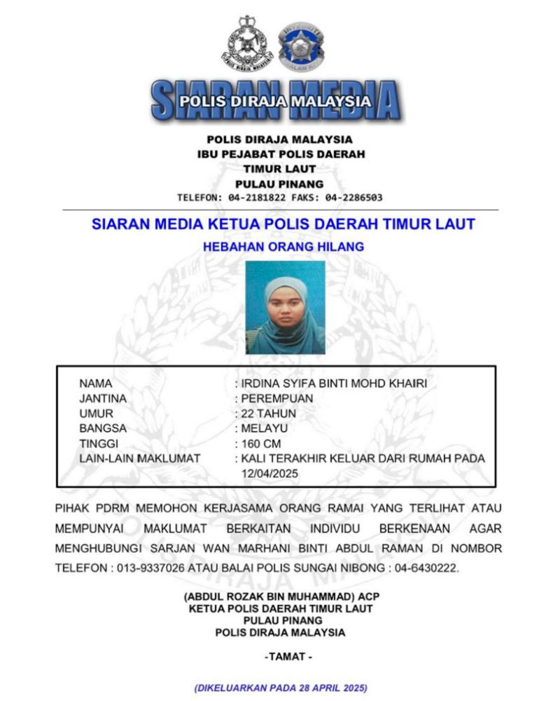 Irdina Syifa, 22, missing from Penang condo since April 12