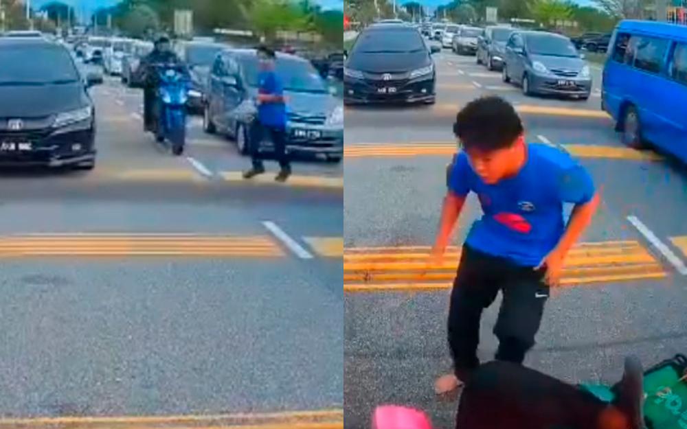 Jaywalking teen hit by motorcycle but ends up helping injured rider