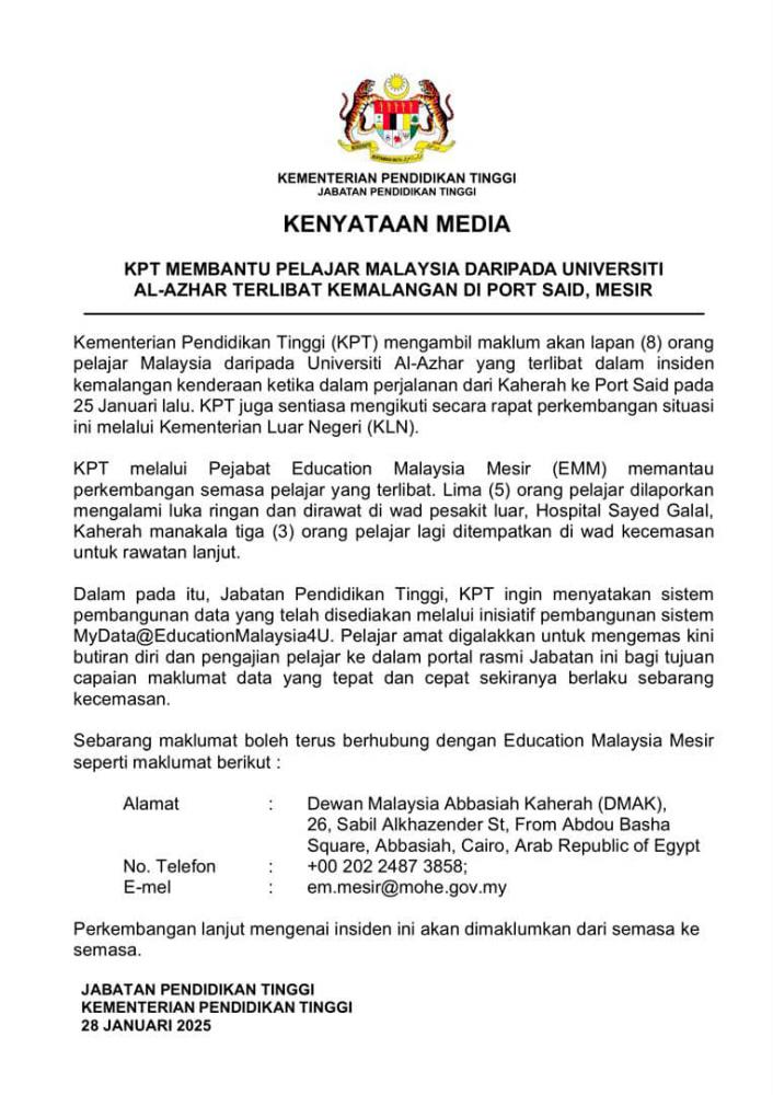 KPT bantu, pantau pelajar Malaysia terlibat kemalangan di Port Said, Mesir KPT bantu, pantau pelajar Malaysia terlibat kemalangan di Port Said, Mesir