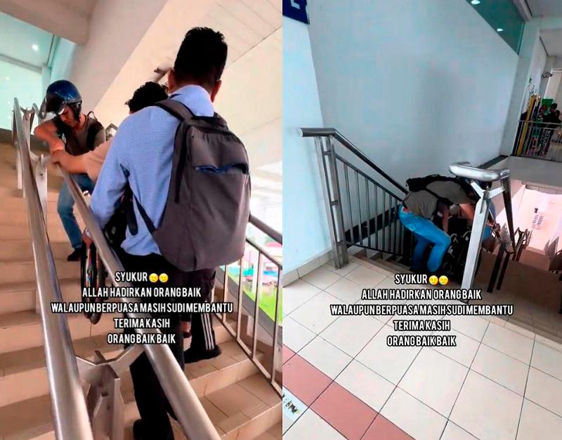 Lelaki berhati mulia bantu pengguna kerusi roda dengan mengangkatnya menaiki tangga di stesen KTM Lelaki berhati mulia bantu pengguna kerusi roda dengan mengangkatnya menaiki tangga di stesen KTM