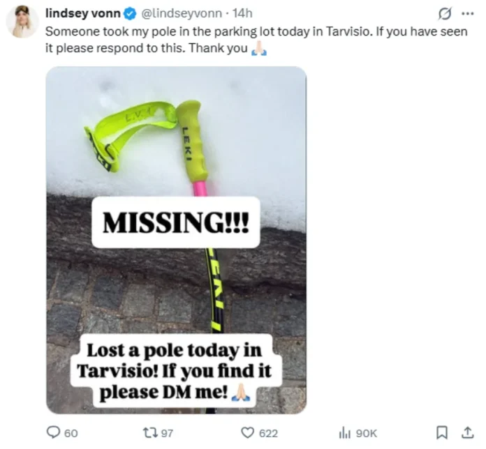 Lindsey Vonn launches social media hunt for missing ski pole