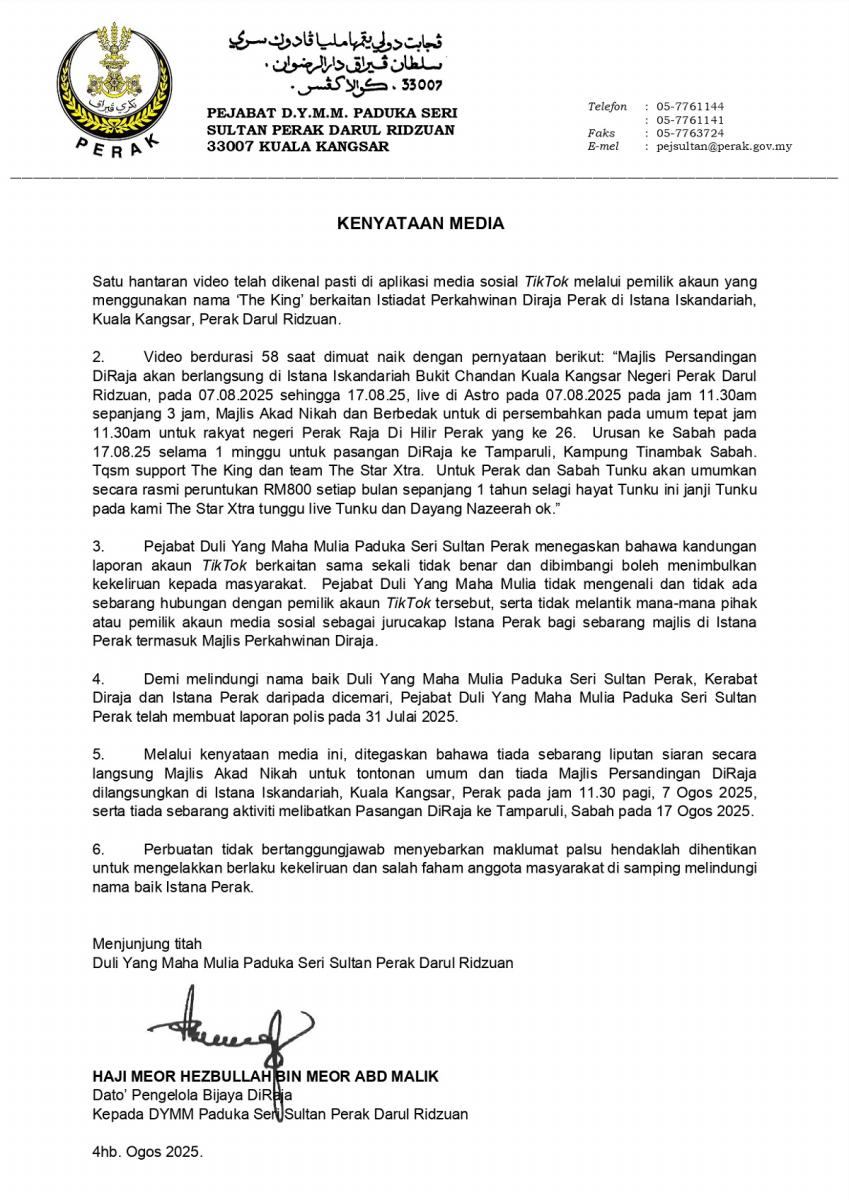 Perak Sultan’s office denies fake royal wedding claims in viral TikTok video Perak Sultan’s office denies fake royal wedding claims in viral TikTok video