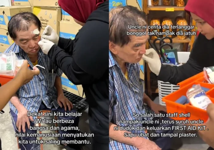 Petrol_station_worker_helps_injured_elderly_Chinese_man_after_motorcycle_fall_in_Gopeng Petrol station worker helps injured elderly Chinese man after motorcycle fall in Gopeng