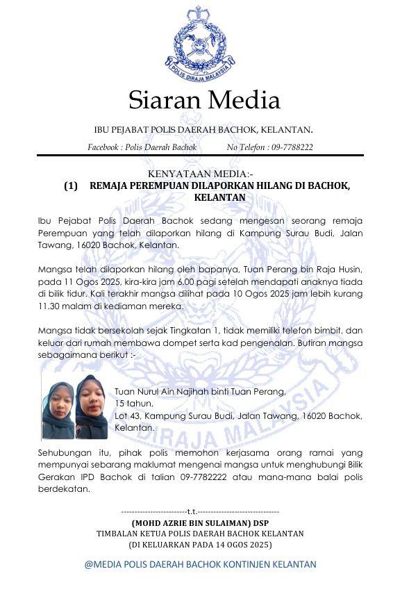 Police seek missing 15-year-old girl in Bachok Police seek missing 15-year-old girl in Bachok