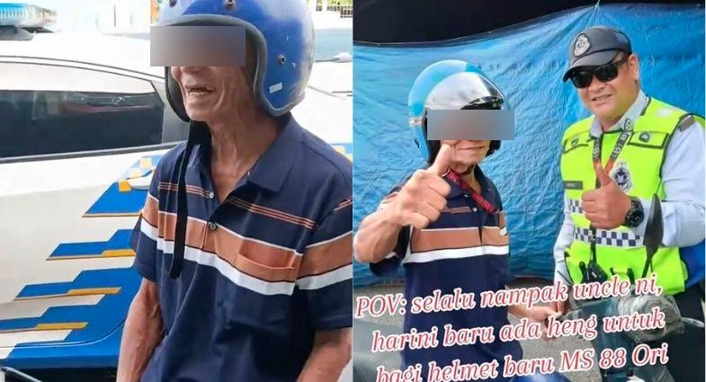 Pontian police donates new helmet to elderly motorcyclist instead of imposing fine during Op Selamat TBC