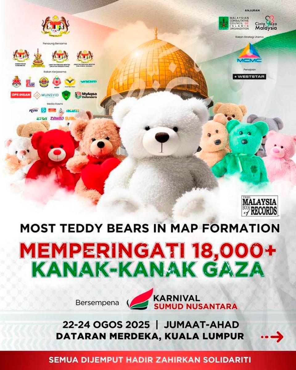 Ribuan beruang teddy bentuk peta Palestin terbesar di Dataran Merdeka