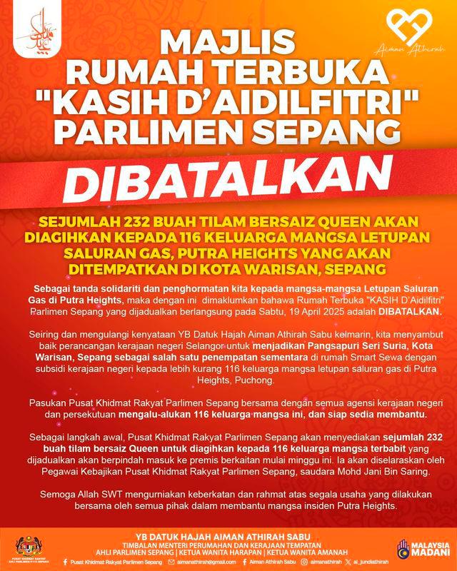 Sepang Aidilfitri open house cancelled in wake of Putra Heights gas blast Sepang Aidilfitri open house cancelled in wake of Putra Heights gas blast