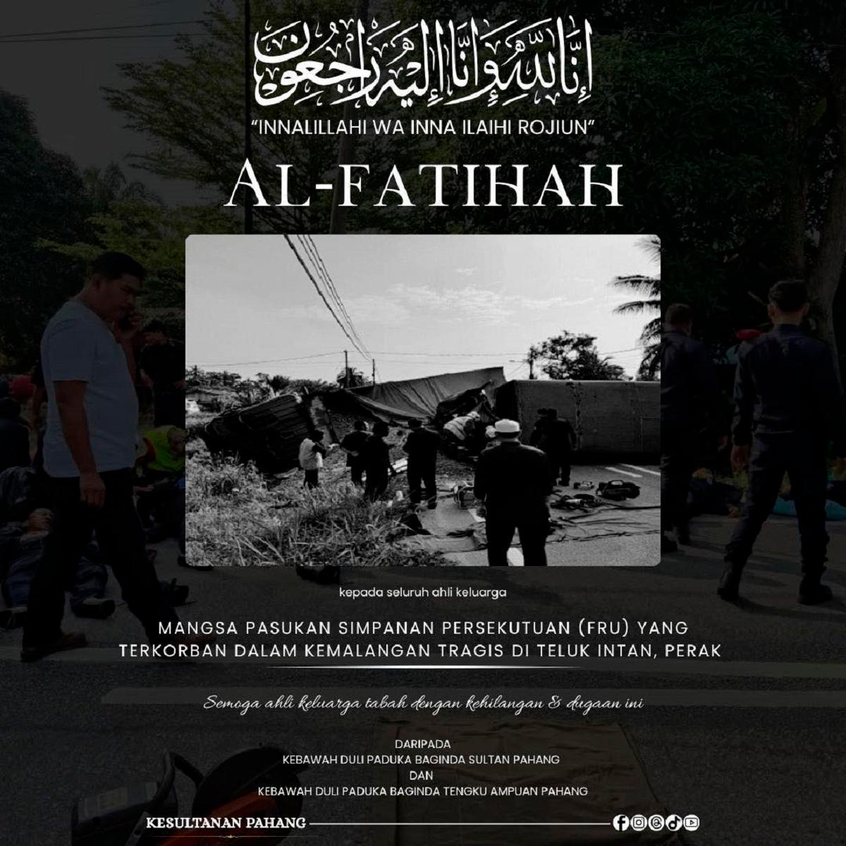 Sultan Pahang, Tengku Ampuan Pahang zahir ucapan takziah kepada keluarga sembilan anggota FRU Sultan Pahang, Tengku Ampuan Pahang zahir ucapan takziah kepada keluarga sembilan anggota FRU