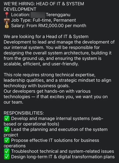 Terengganu company job ad offering only RM2k for Head of IT leaves M’sians stunned Terengganu company job ad offering only RM2k for Head of IT leaves M’sians stunned