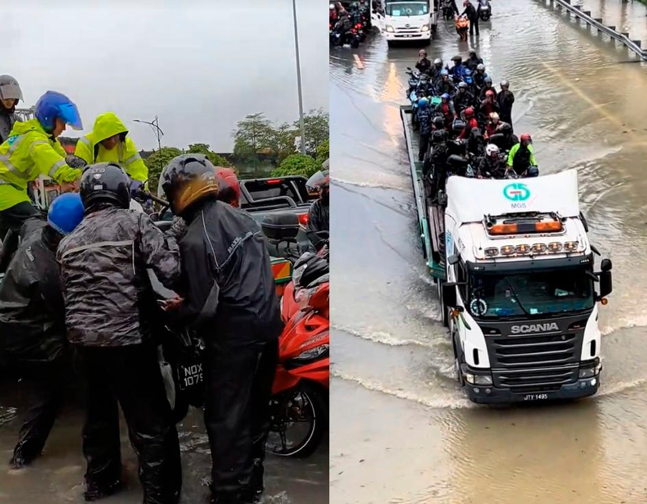 “Thank you abang lorry” - Trailer driver rescues stranded motorcyclists during JB floods “Thank you abang lorry” - Trailer driver rescues stranded motorcyclists during JB floods