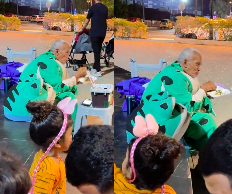 Video of elderly man in frog mascot costume eating late at night in Pontian touches netizens' hearts