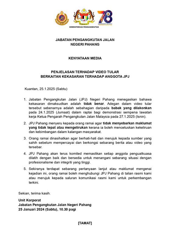 Viral video of violence against JPJ officer was a staged demo act - Pahang JPJ