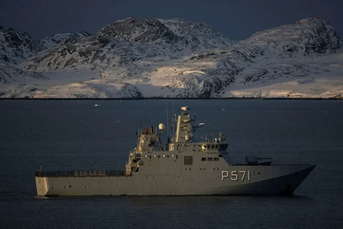The Danish military Offshore Patrol Vessel P572 HDMS Lauge Koch sails near Nuuk's old harbour, Greenland, January 15, 2026.