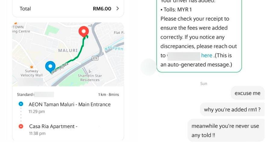 Woman claims discovering additional RM1 toll fee for e-hailing ride, claims driver did not pass through toll booth Woman claims discovering additional RM1 toll fee for e-hailing ride, claims driver did not pass through toll booth