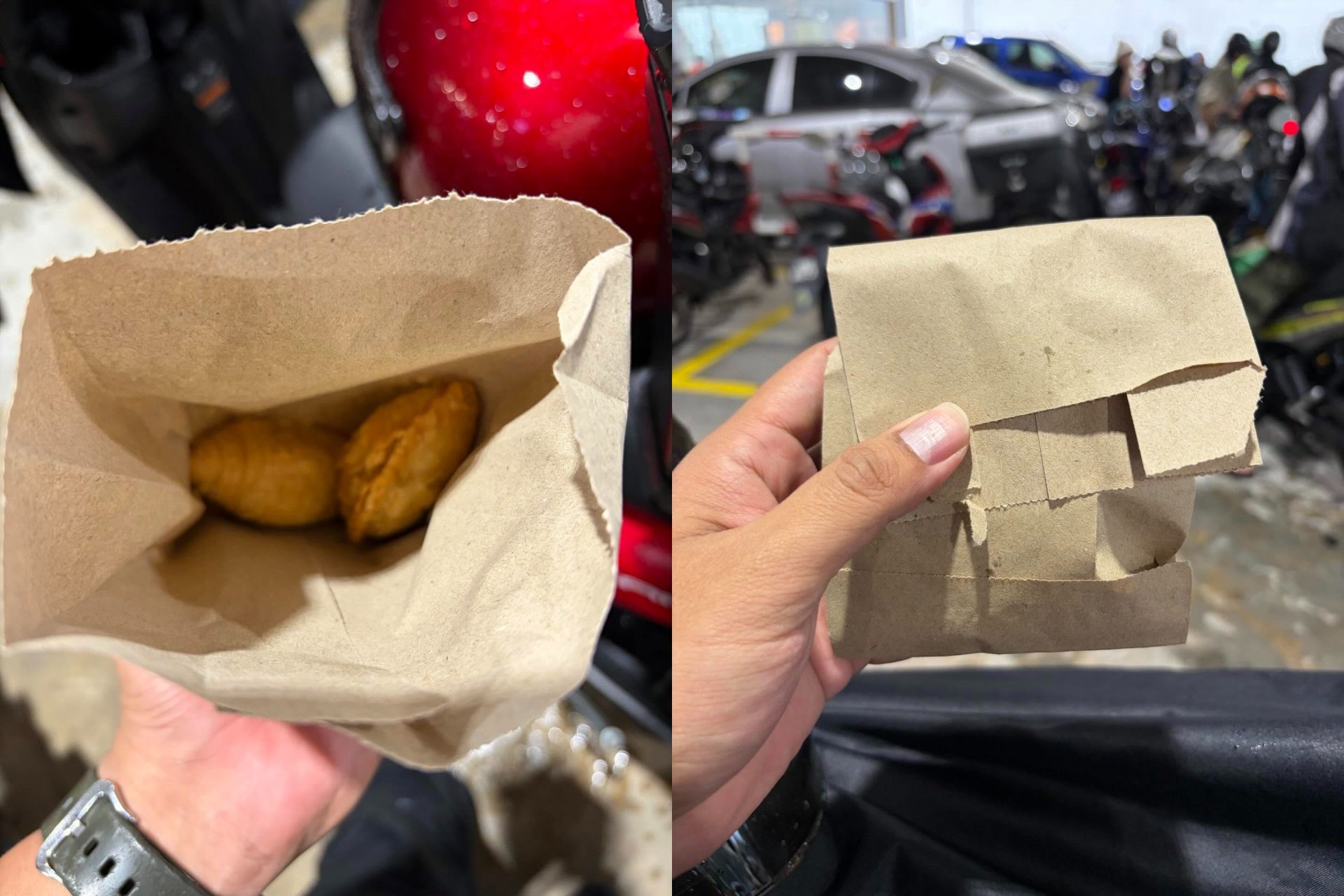 He added that the curry puffs were distributed to everyone who had stopped at the petrol station to seek shelter from the rain.