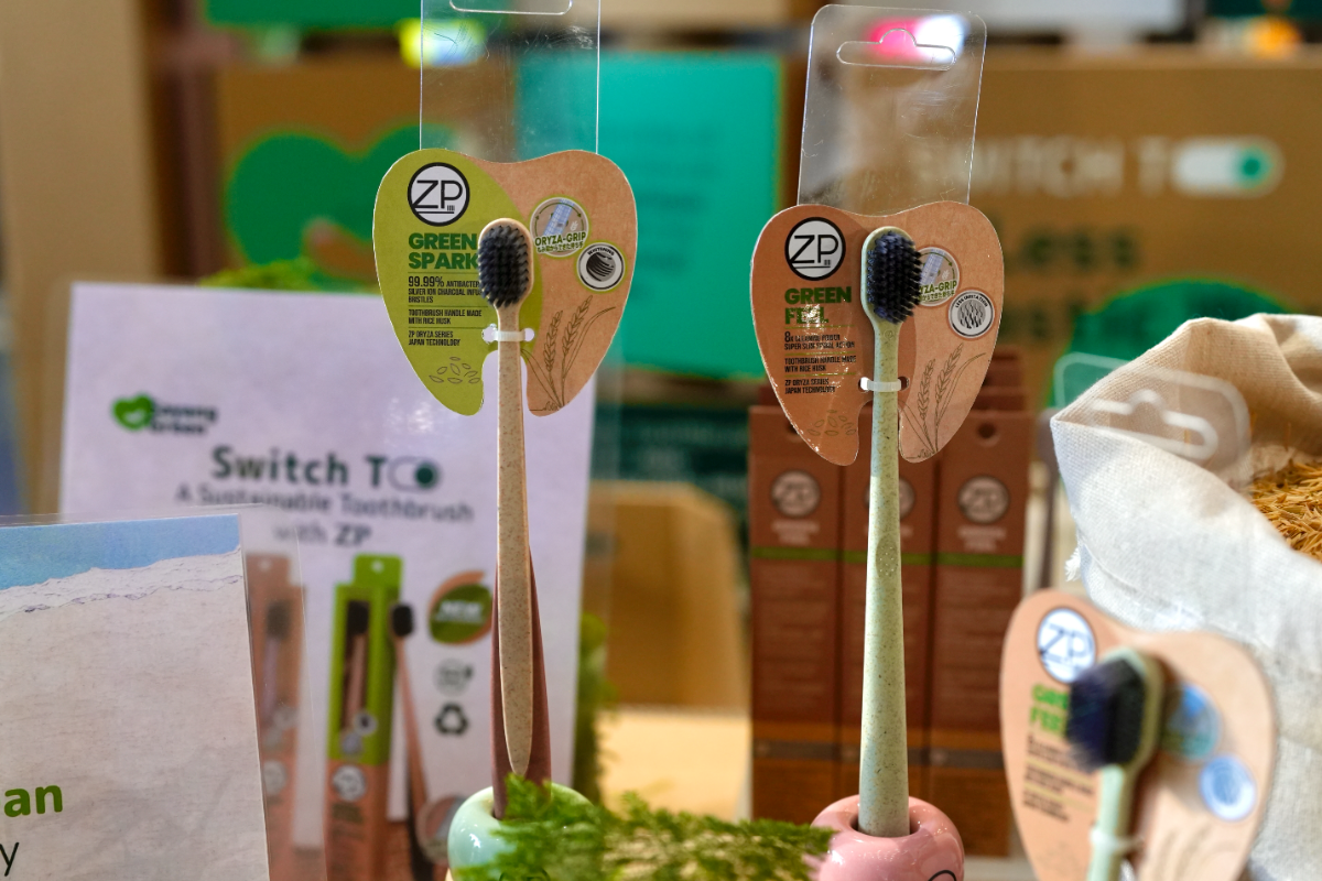 Greener living: green products, lower waste Toothbrushes by zp use handles made from rice husk material.