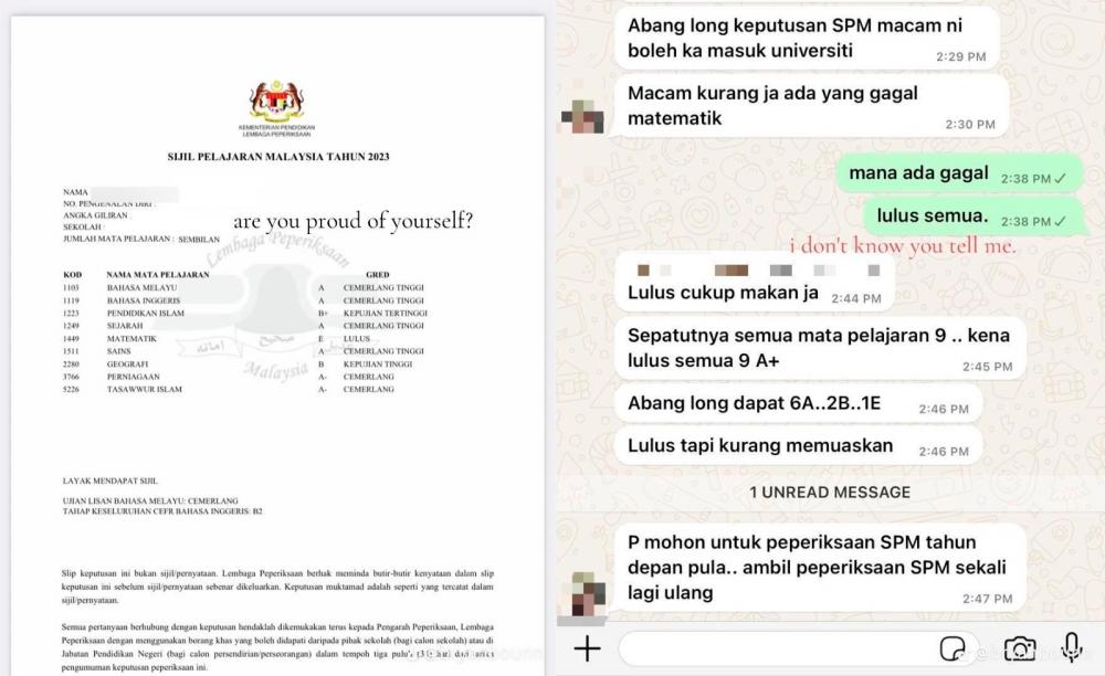 Mother tells son to retake SPM, saying his results was “unsatisfactory” Mother tells son to retake SPM, saying his results was “unsatisfactory”