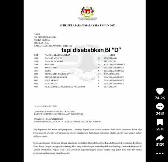 7As SPM student’s higher education dreams dashed by D grade in English