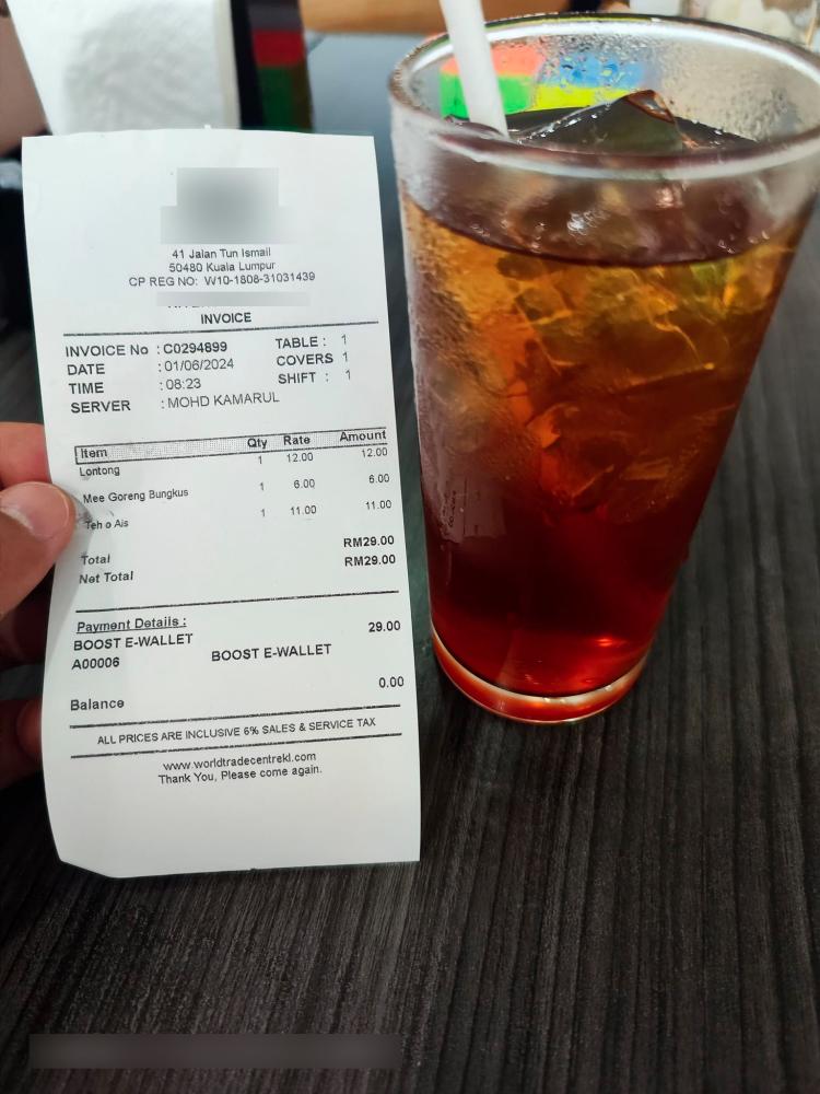 Customer shares RM11 receipt for teh o’ ais in KL eatery Customer shares RM11 receipt for teh o’ ais in KL eatery