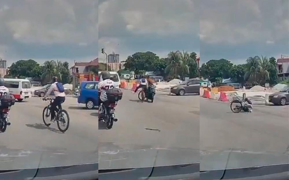 Cyclist zooms through traffic, hits oncoming motorbike