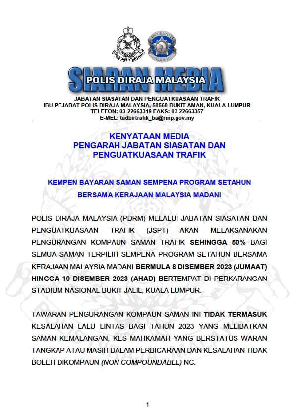 Diskaun saman trafik sempena Program Setahun Bersama Kerajaan Madani Diskaun saman trafik sempena Program Setahun Bersama Kerajaan Madani