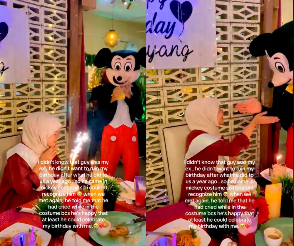 Ex-boyfriend surprises former girlfriend by dressing up as Mickey Mouse for her birthday 