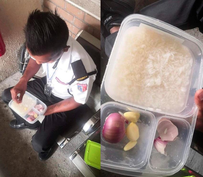 Foreign security guard seen eating rice with only raw onion and garlic after sending most of his pay to family Foreign security guard seen eating rice with only raw onion and garlic after sending most of his pay to family