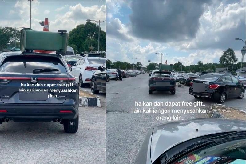 Frustrated drivers place dustbin and cone on Honda HRV for selfishly blocking the road Frustrated drivers place dustbin and cone on Honda HRV for selfishly blocking the road