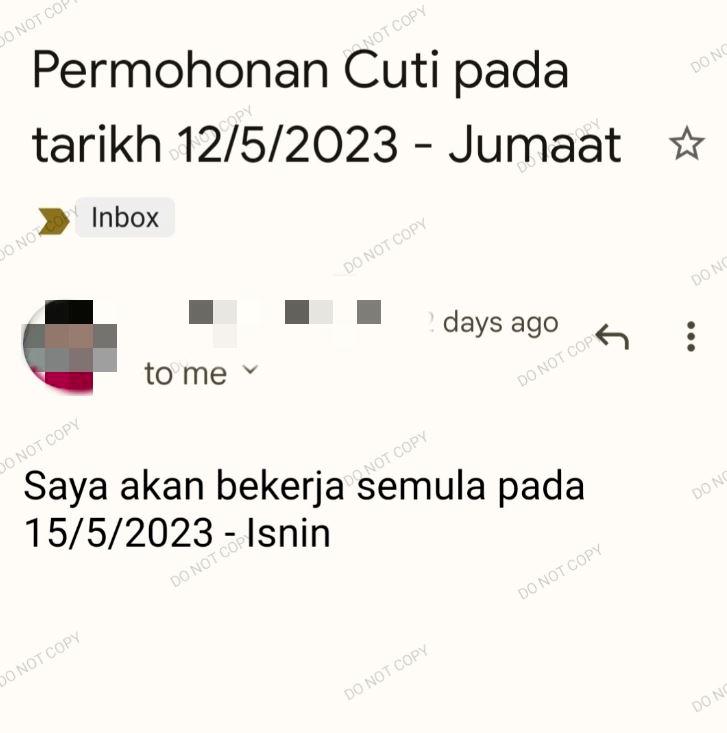 Intern sends e-mail to boss requesting for leave with only title and one line Intern sends e-mail to boss requesting for leave with only title and one line
