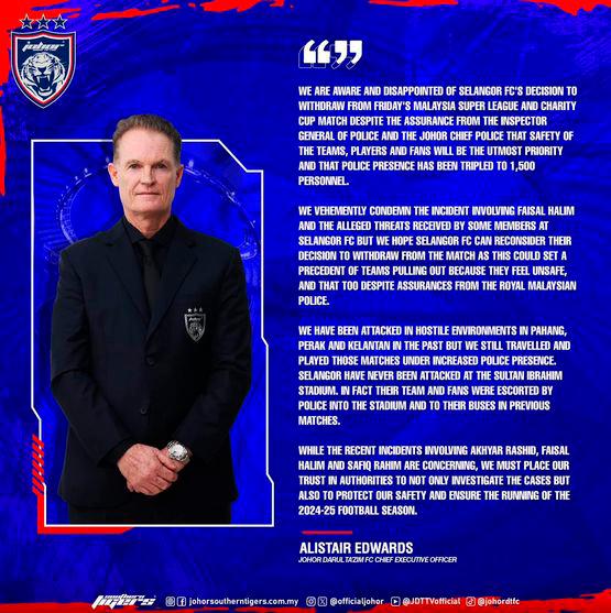 JDT disappointed by Selangor FC’s withdrawal from Charity Shield match JDT disappointed by Selangor FC’s withdrawal from Charity Shield match