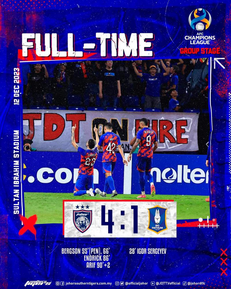 JDT end ACL Campaign with 4-1 win over BG Pathum United JDT end ACL Campaign with 4-1 win over BG Pathum United