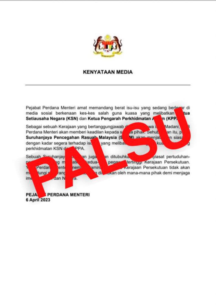 JPM: Kenyataan SPRM siasat kes salah guna kuasa KSN, KPPA adalah palsu JPM: Kenyataan SPRM siasat kes salah guna kuasa KSN, KPPA adalah palsu