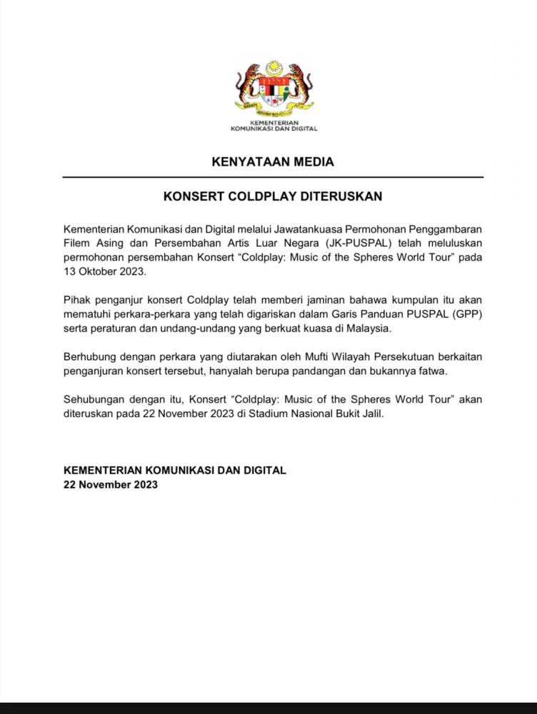 KKD: Concert organiser assures Coldplay to adhere guidelines 
