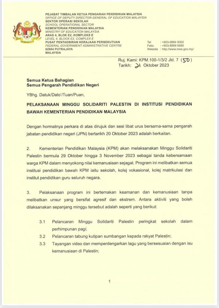 Kementerian Pendidikan laksana Minggu Solidariti Palestin dari 29 Okt hingga 3 Nov