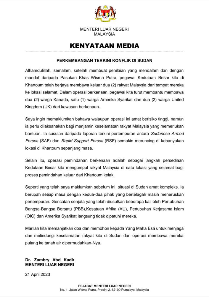 Konflik Sudan: Dua rakyat M’sia berjaya dipindahkan ke lokasi selamat - Zambry