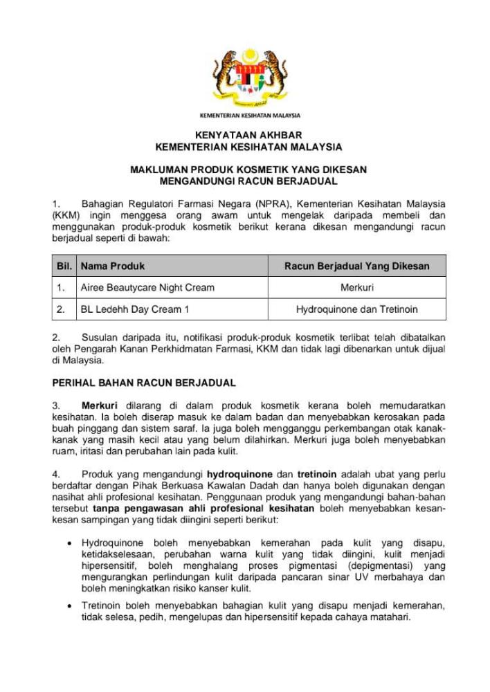 MOH revokes notification of two cosmetic products found to contain scheduled poisons
