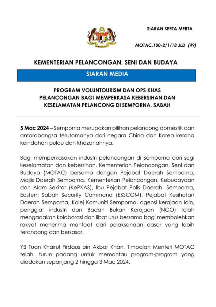 MOTAC issues three notices in special tourism ops in Semporna MOTAC issues three notices in special tourism ops in Semporna