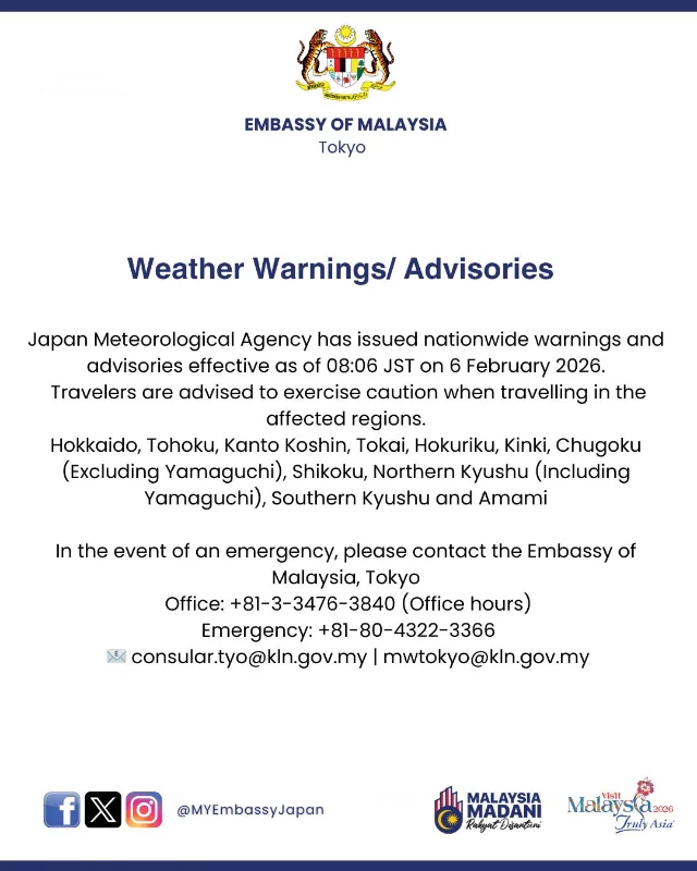 Malaysian embassy in Tokyo issues travel caution for Japan