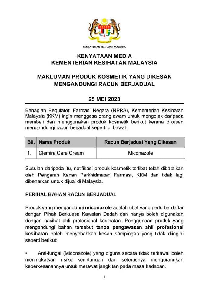 Notifikasi produk kosmetik Clemira Care Cream dibatalkan