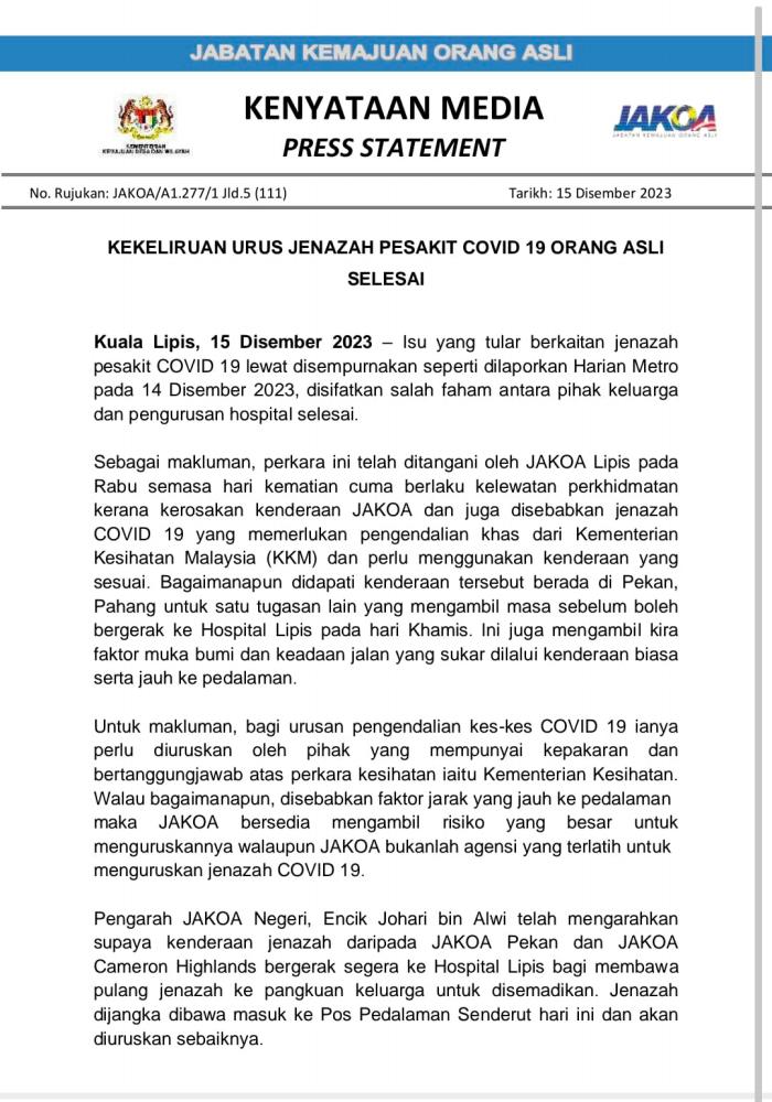 Pahang JAKOA: Issue of transporting bodies of Orang Asli women resolved Pahang JAKOA: Issue of transporting bodies of Orang Asli women resolved