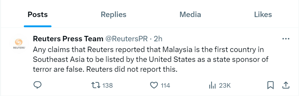 Report on Malaysia listed as a state sponsor of terror is false - Reuters