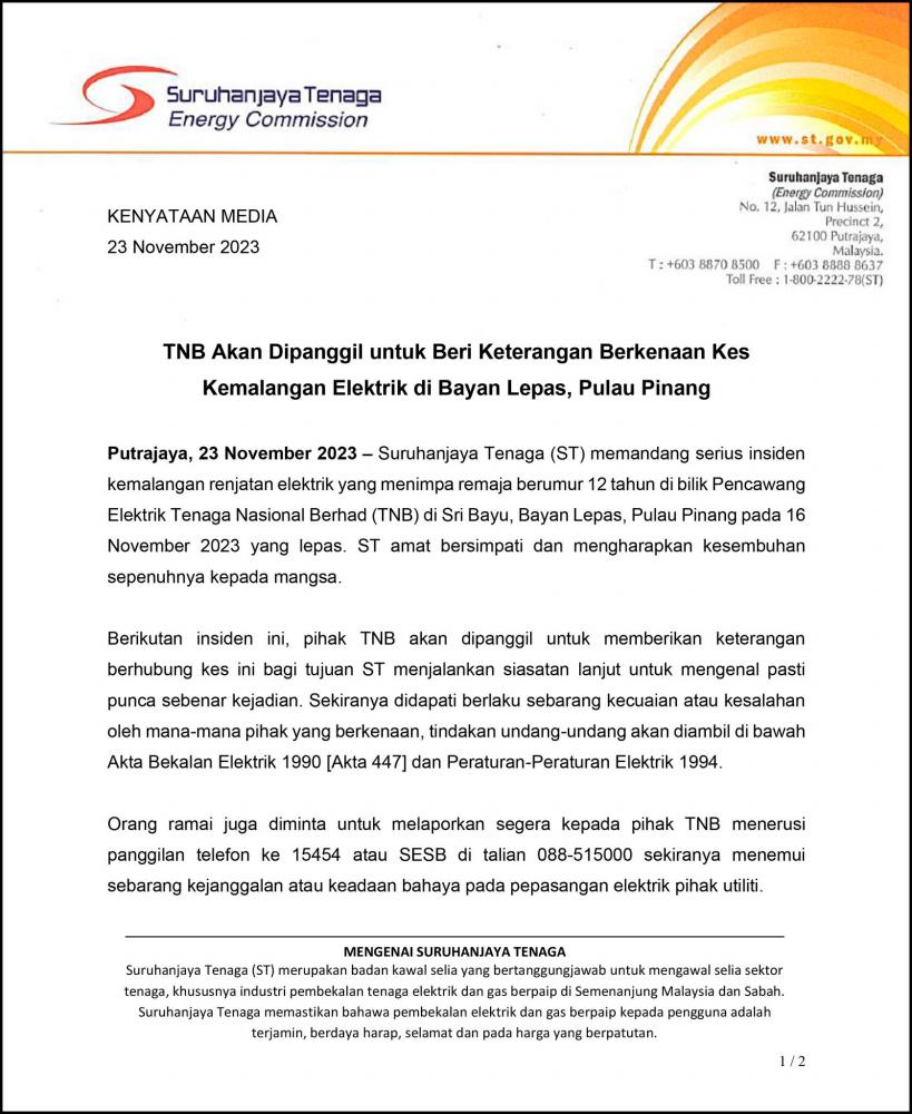 ST to summon TNB over electric shock incident involving boy in Penang ST to summon TNB over electric shock incident involving boy in Penang